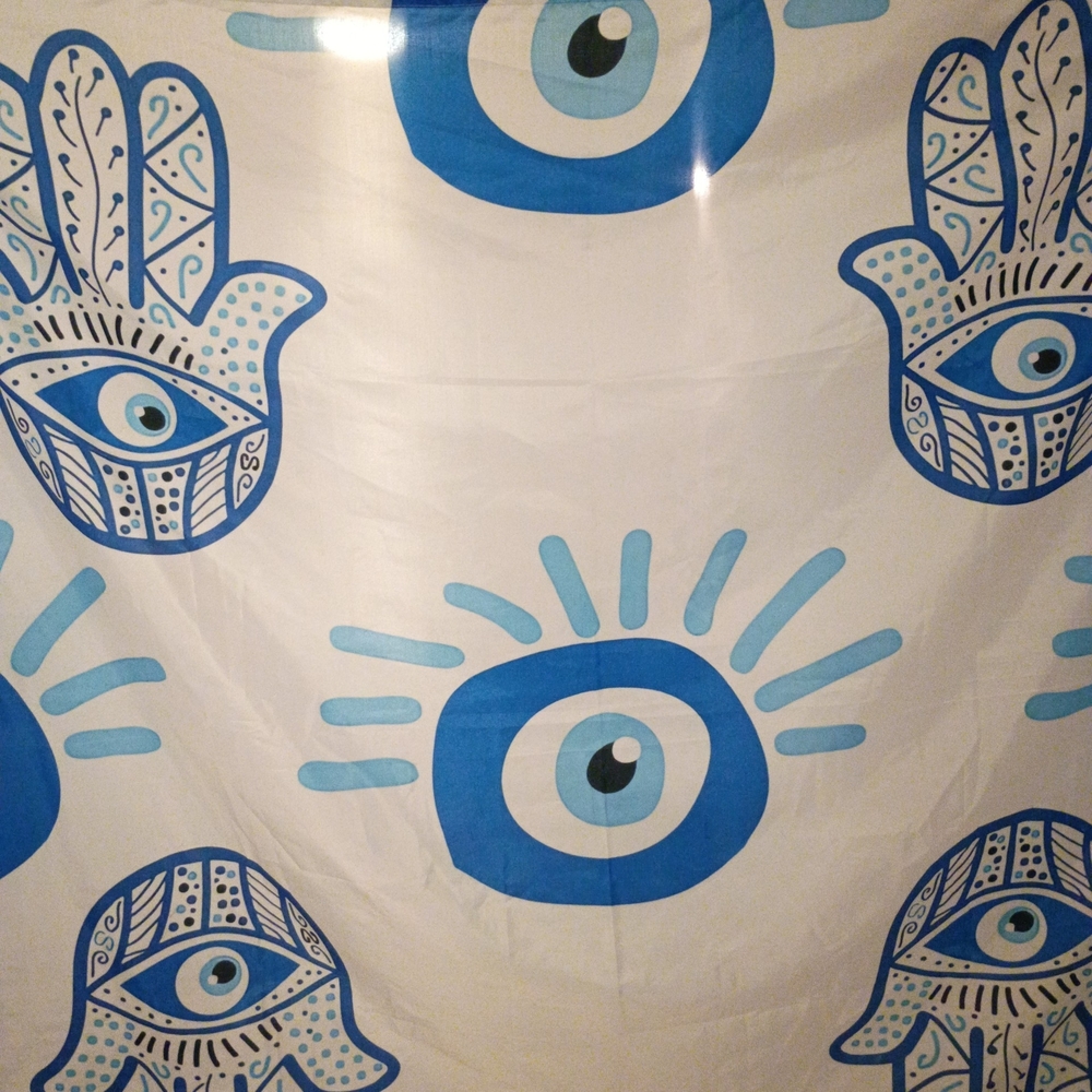 Evil Eye & Hamsa Wall Tapestry/Fabric Shower Curtain in White and Blue